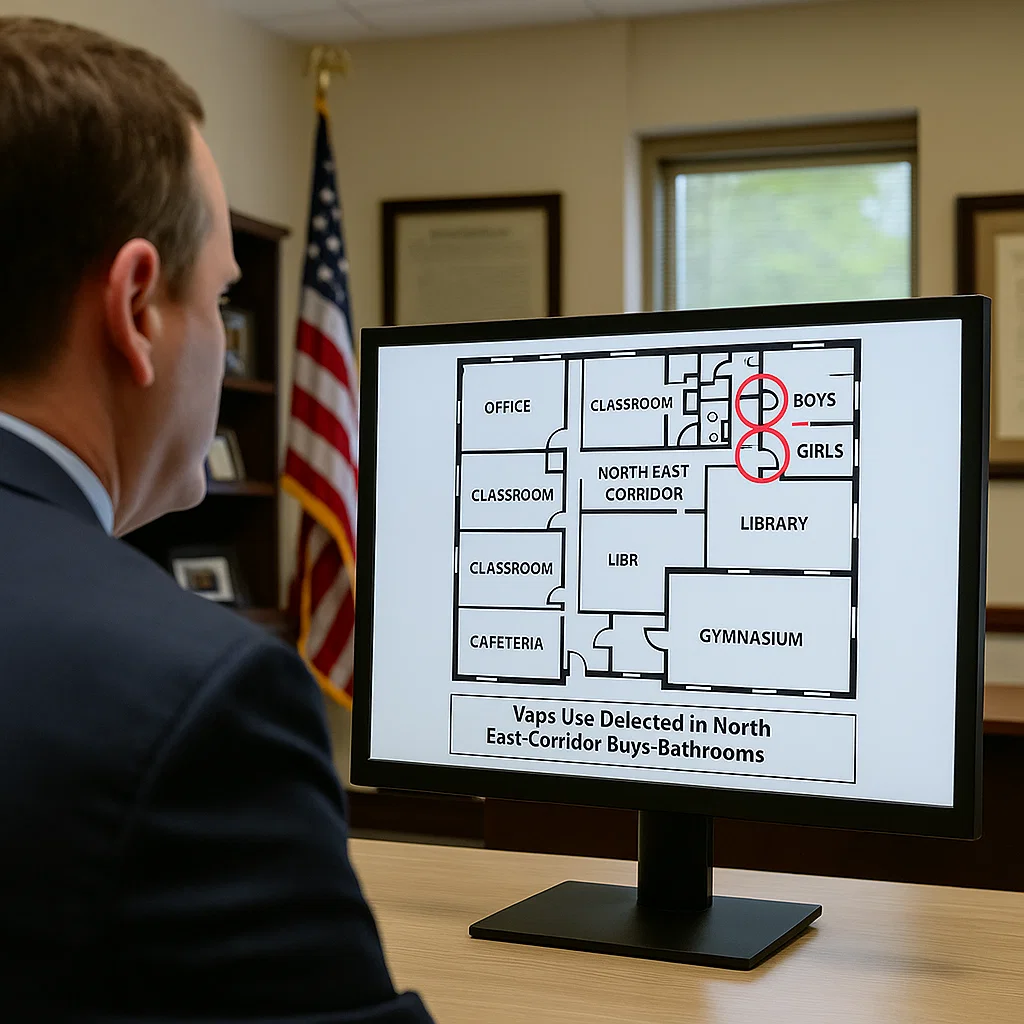 Administrator reviewing floor plan with vape detection alerts highlighted near boys and girls bathrooms